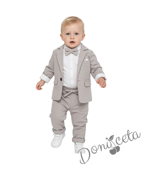 Бебешки комплект Тери за момче от 4 части - боди-риза в бяло, сако, панталон и папийонка в сиво