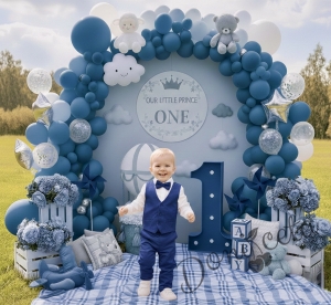 Официален комплект с елек в синьо за момче от 4 части-елек с един реда копчета, ризка в бяло, панталон и папийонка  от колекция Кралина