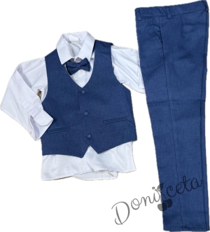 Официален комплект с елек в синьо за момче от 4 части-елек с един реда копчета, ризка в бяло, панталон и папийонка  от колекция Кралина