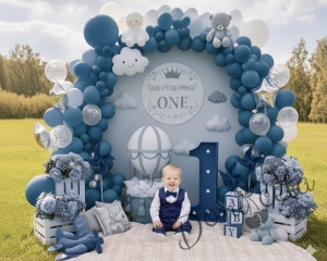 Официален комплект с елек в синьо за момче от 4 части-елек с един реда копчета, ризка в бяло, панталон и папийонка  от колекция Кралина