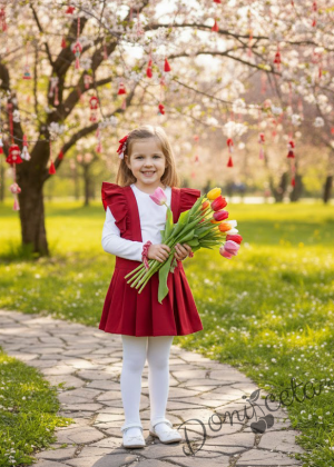 Комплект за момиче от сукман с къдрички в червено и бяла блузка с дълъг ръкав 