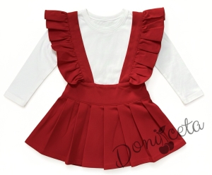Комплект за момиче от сукман с къдрички в червено и бяла блузка с дълъг ръкав 