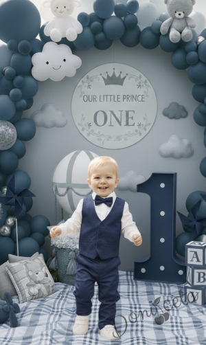 Официален комплект за момче в тъмносиньо от 4 части - риза в бяло, панталон, елек и папийонка  3105247