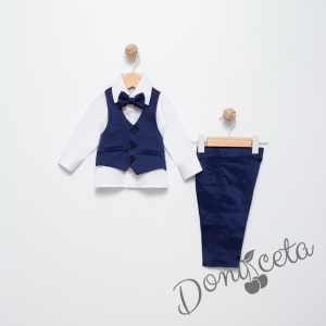 Бебешки официален комплект за момче в тъмносиньо от 4 части - риза в бяло, панталон, елек и папийонка 1