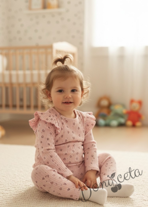 Бебешки комплект рипс за момиче  от две части боди с дълъг ръкав и къдрички  с панталон в пепел от рози