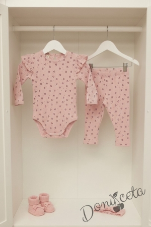 Бебешки комплект рипс за момиче  от две части боди с дълъг ръкав и къдрички  с панталон в пепел от рози