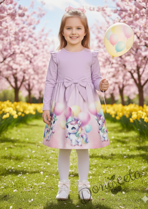 Бебешка/детска рокля в пепел от рози с къдрички, панделка и еднорог