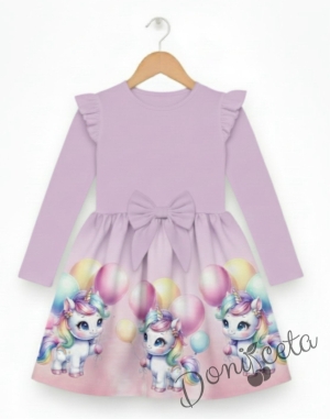 Бебешка/детска рокля в пепел от рози с къдрички, панделка и еднорог