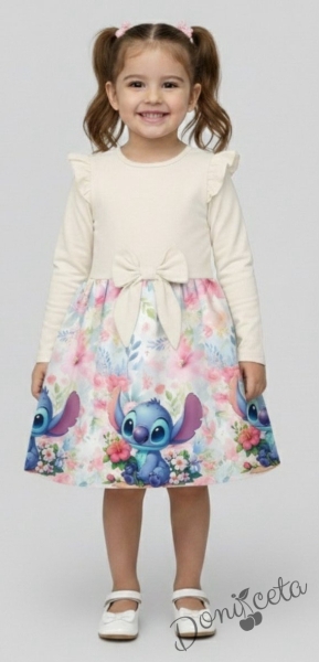 Детска рокля с дълъг ръкав в екрю с къдрички, панделка и Стич