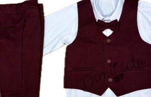 Стилен официален комплект в бордо за момче от 4 части елек, риза в бяло, панталон и папийонка от колекция Бордолина