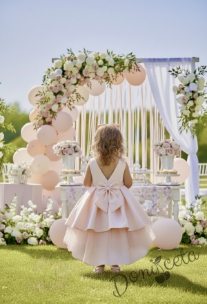  Официална детска рокля от плат Мариска без ръкав в прасковен цвят с тюл и шлейф