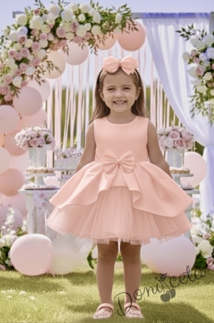  Официална детска рокля Мариска без ръкав в прасковено и тюл с изрязан гръб