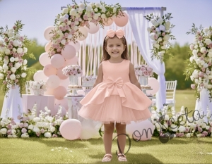  Официална детска рокля Мариска без ръкав в прасковено и тюл с изрязан гръб