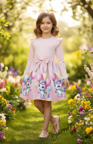 Детска рокля с дълъг ръкав в цвят пудра с къдрички, панделка и еднорог