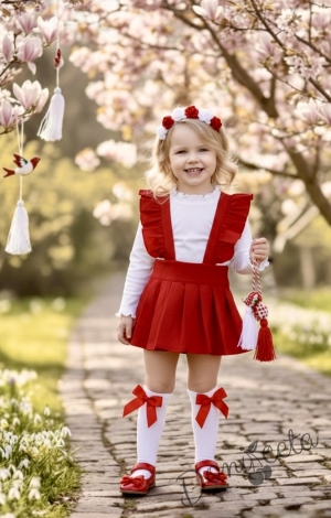 Комплект трико за момиче от сукман в червено Гери с къдрички в и бяла блузка с дълъг ръкав 