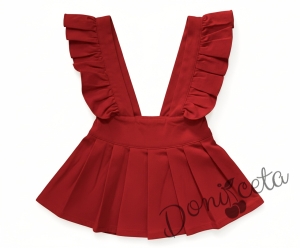 Комплект трико за момиче от сукман в червено Гери с къдрички в и бяла блузка с дълъг ръкав 