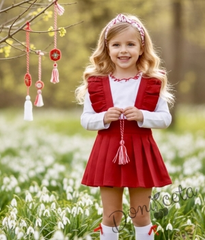 Детски Комплект трико за момиче от сукман в червено Гери с къдрички  и бяла блузка с дълъг ръкав с къдрички с червен завършек