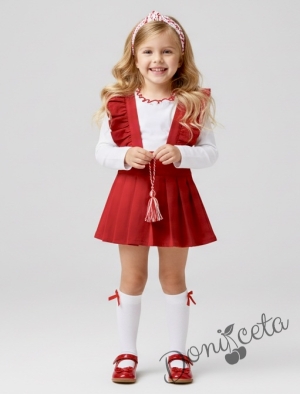 Детски Комплект трико за момиче от сукман в червено Гери с къдрички  и бяла блузка с дълъг ръкав с къдрички с червен завършек