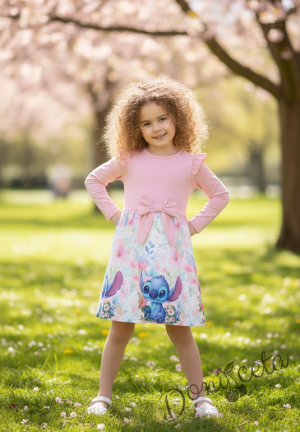 Детска рокля с дълъг ръкав в цвят пудра с къдрички, панделка и Стич