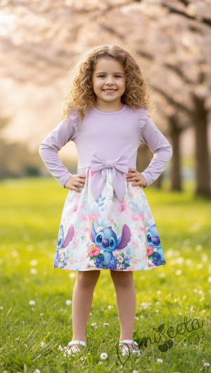 Детска рокля в пепел от рози с къдрички, панделка и Стич