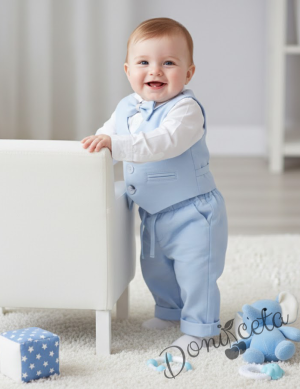 Бебешки комплект от 4 части боди-риза в бяло, панталон, елек и папийонка в светлосиньо