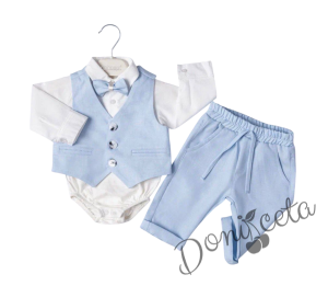 Бебешки комплект от 4 части боди-риза в бяло, панталон, елек и папийонка в светлосиньо