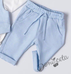 Бебешки комплект от 4 части боди-риза в бяло, панталон, елек и папийонка в светлосиньо