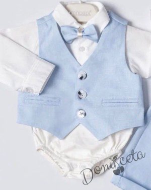 Бебешки комплект от 4 части боди-риза в бяло, панталон, елек и папийонка в светлосиньо