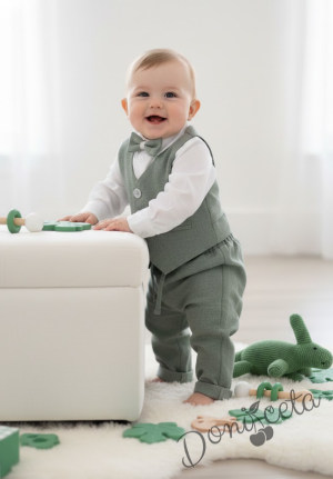 Бебешки комплект от 4 части боди-риза в бяло, панталон, елек и папийонка в зелено