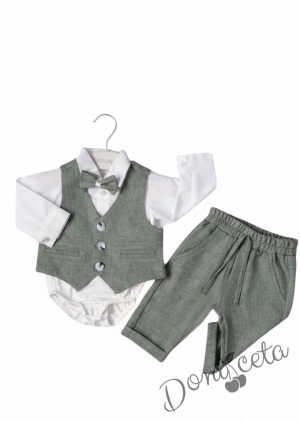 Бебешки комплект от 4 части боди-риза в бяло, панталон, елек и папийонка в зелено