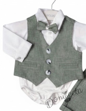 Бебешки комплект от 4 части боди-риза в бяло, панталон, елек и папийонка в зелено