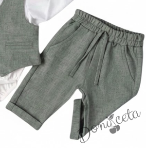 Бебешки комплект от 4 части боди-риза в бяло, панталон, елек и папийонка в зелено