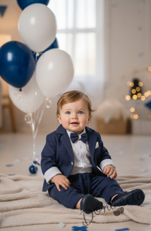 Бебешки комплект за момче от 4 части- боди-риза в бяло с панталон, сако и папийонка в тъмносиньо 