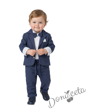 Бебешки комплект за момче от 4 части- боди-риза в бяло с панталон, сако и папийонка в тъмносиньо 