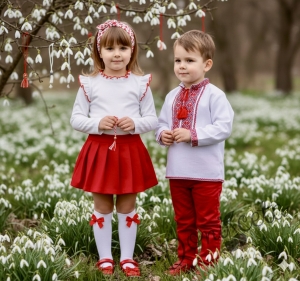 Блуза за момиче в бяло с къдрички и кант в червено 