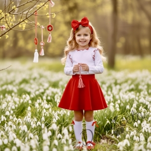 Блуза за момиче в бяло с къдрички и кант в червено 