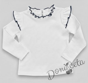 Блуза за момиче в бяло с къдрички и кант в черно