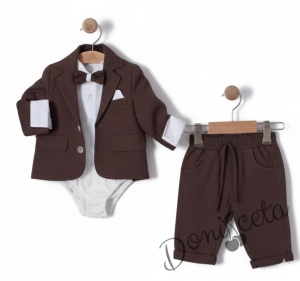 Бебешки комплект за момче от 4 части- боди-риза в бяло с панталон, сако и папийонка в кафяво