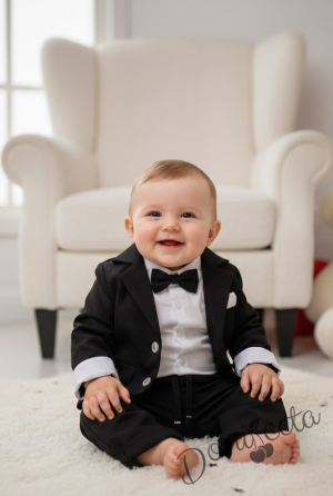 Бебешки комплект за момче от 4 части- боди-риза в бяло с панталон, сако и папийонка в черно