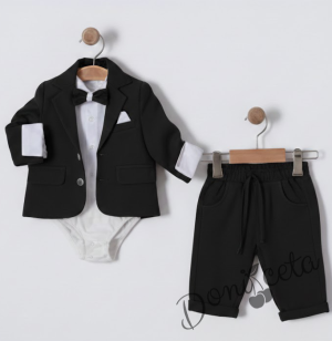 Бебешки комплект за момче от 4 части- боди-риза в бяло с панталон, сако и папийонка в черно
