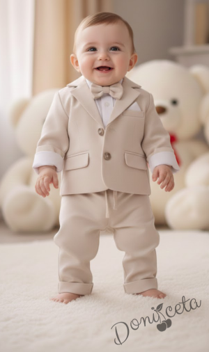 Бебешки комплект за момче от 4 части- боди-риза в бяло с панталон, сако и папийонка в екрю