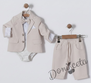 Бебешки комплект за момче от 4 части- боди-риза в бяло с панталон, сако и папийонка в екрю