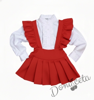 Комплект за момиче от плисиран сукман Гери трико в червено  и риза в бяло с дълъг ръкав с висока яка