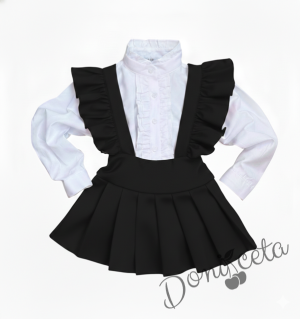 Комплект за момиче от 3 части- сукман Гери в черно с плисирана пола, риза в бяло с дълъг ръкав и къдрички и панделка в черно