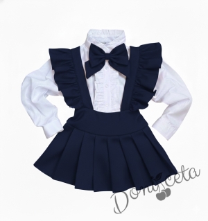Комплект за момиче от 3 части- сукман Гери в тъмносиньо с плисирана пола, риза в бяло с дълъг ръкав и къдрички и панделка в черно