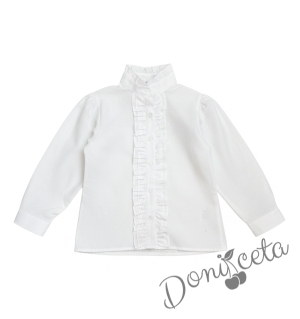 Комплект за момиче от 3 части- сукман Гери в тъмносиньо с плисирана пола, риза в бяло с дълъг ръкав и къдрички и панделка в черно