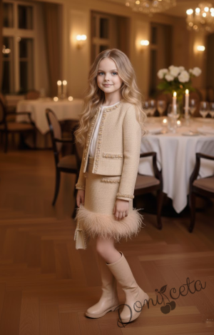 Интересен детски комплект от 4 части сако и пола в златисто блузка в бяло и чанта с перли 