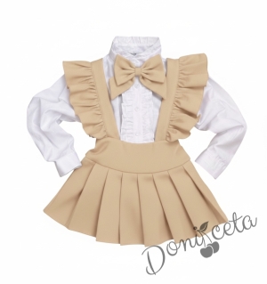 Комплект за момиче от 3 части- сукман Гери в бежово с плисирана пола, риза в бяло с дълъг ръкав и къдрички и панделка в  бежово