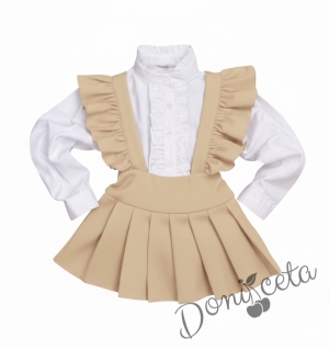 Комплект за момиче от 3 части- сукман Гери в бежово с плисирана пола, риза в бяло с дълъг ръкав и къдрички и панделка в  бежово