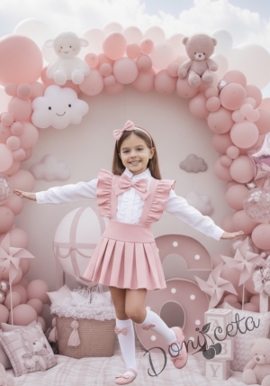 Комплект за момиче от 3 части- сукман Гери в розово с плисирана пола, риза в бяло с дълъг ръкав и къдрички и панделка в  розово